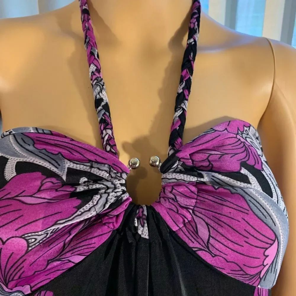 Summer Dress Black Purple Floral Design Silver Accent Tie At Neck Strapless Maxi